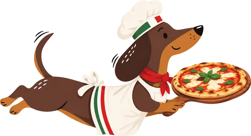 Mascote salsicha de chapéu de chef carregando uma pizza margherita