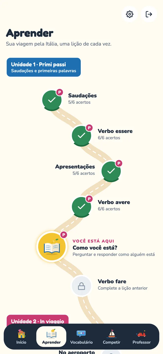 Trilha de lições do app, com unidades e paradas concluídas