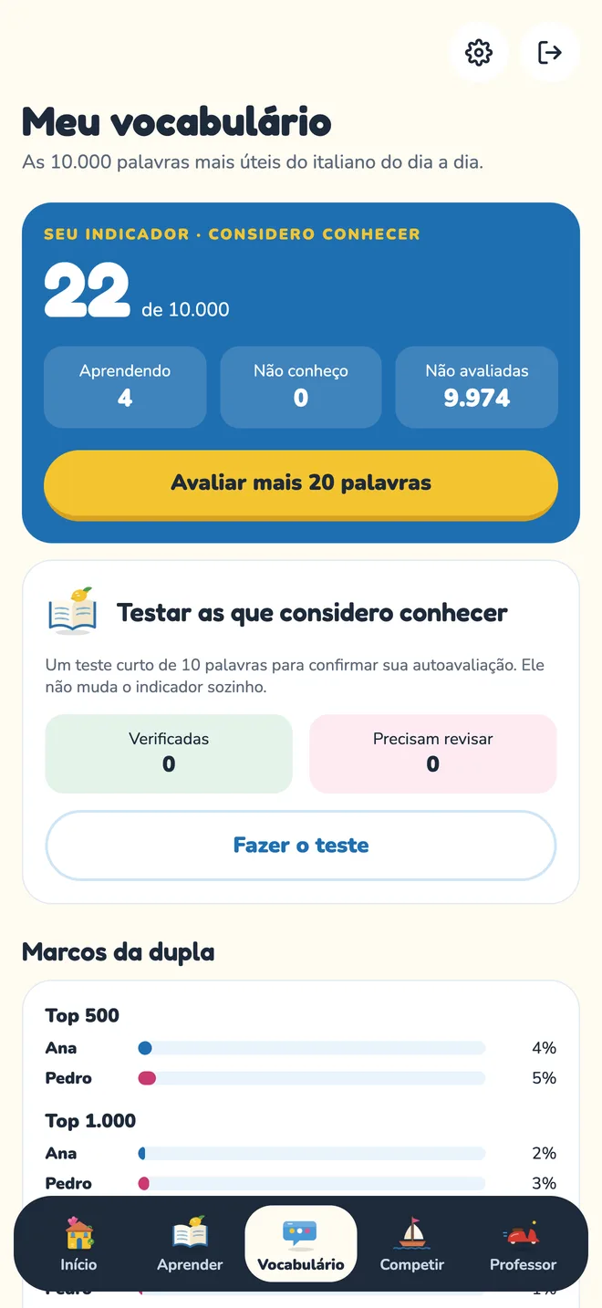 Tela de vocabulário com o indicador de palavras conhecidas